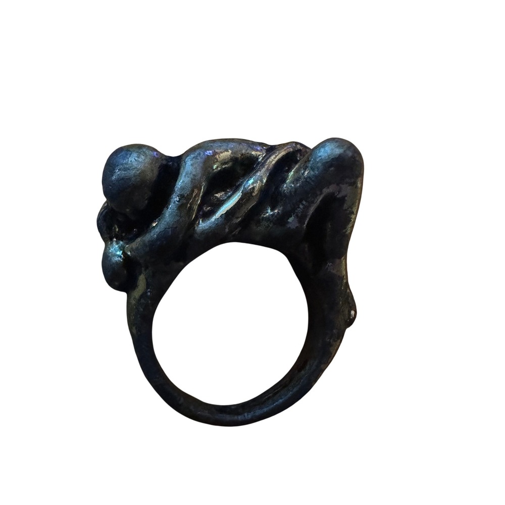 Artisan Sculptural Intertwined Figures Ring Oxidized Silver Gold Tone Brutalist